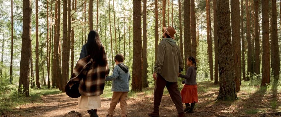 A family enjoys a peaceful walk through a sunlit forest, embracing nature and togetherness.